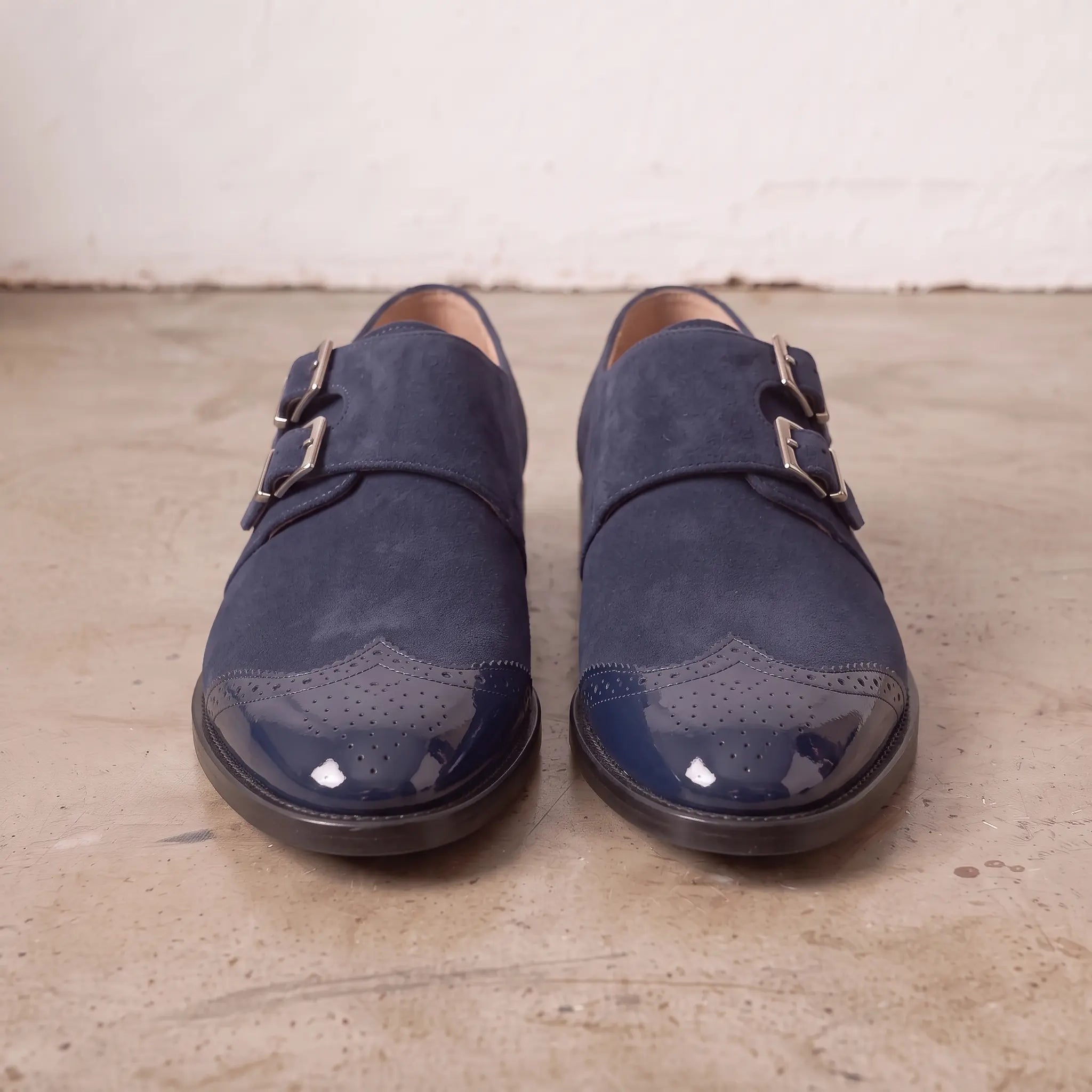 Men's Navy Blue Suede Double Monk Strap Shoes — Lowell