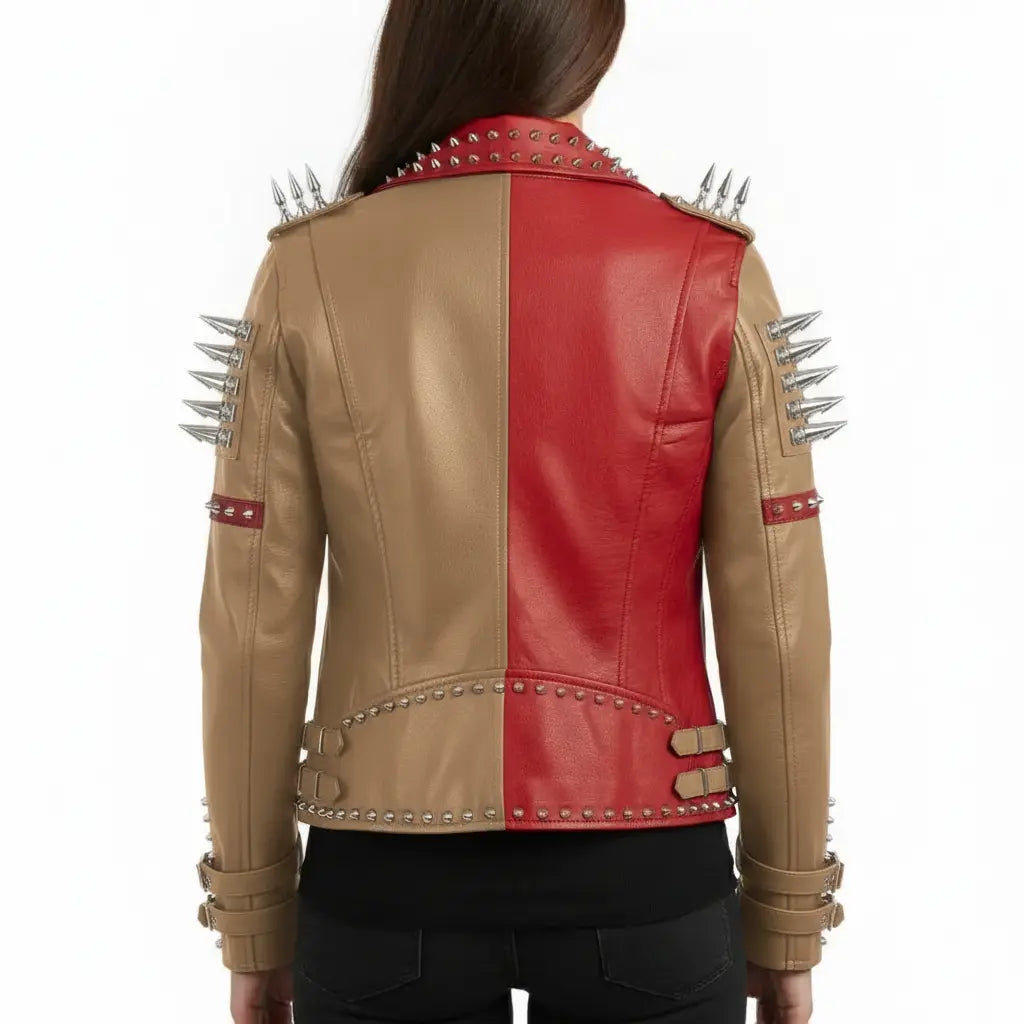 Women's Tan and Red Asymmetric Zip Leather Perfecto Biker Jacket — Angus