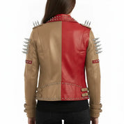 Women's Tan and Red Asymmetric Zip Leather Perfecto Biker Jacket — Angus