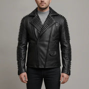 Men's Black Studded Leather Biker Jacket — Carroll