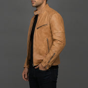 Men's Tan Distressed Leather Biker Jacket