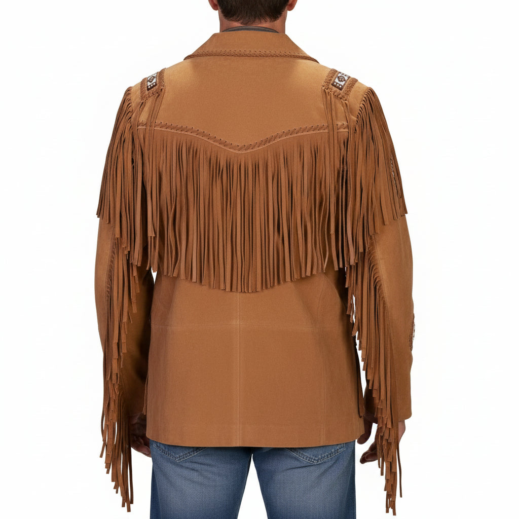 Men's Handmade Tan Brown Fringed Suede Leather Cowboy Jacket