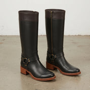 Women's Black and Dark Brown Leather Knee-High Harness Boots — Keith