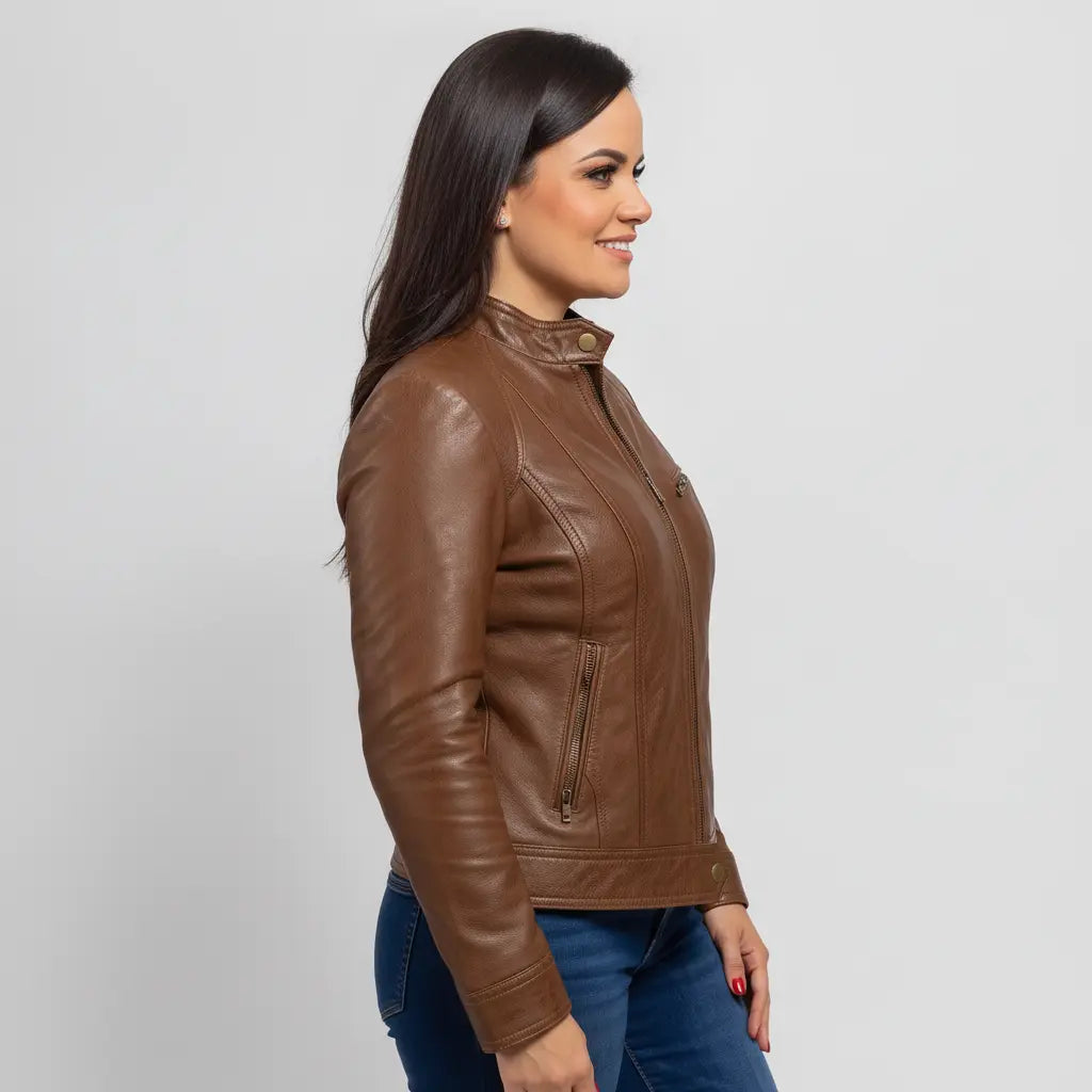 Women's Brown Leather Cafe Racer Jacket — Stubbington