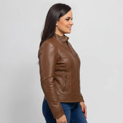 Women's Brown Leather Cafe Racer Jacket — Stubbington