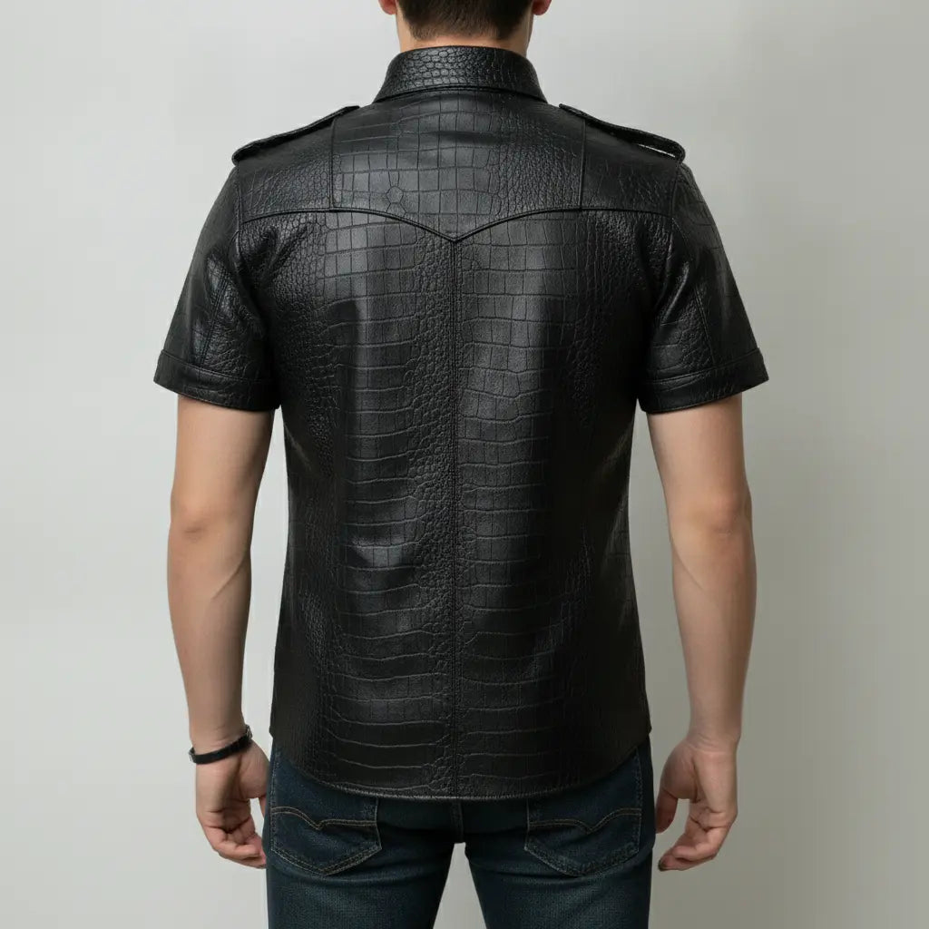 Men's Black Crocodile-Embossed Leather Short-Sleeve Shirt — Abbervale
