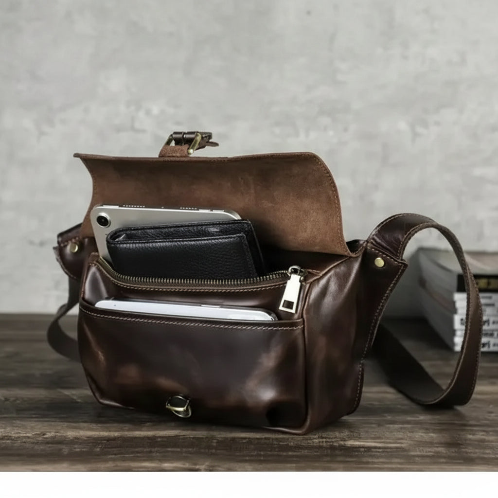 Unisex Retro Full-Grain Leather Crossbody Bag – Fits 8.3" iPad