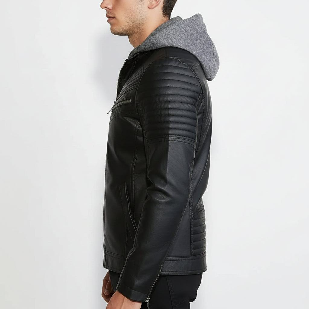 Men's Handmade Black Hooded Biker Leather Jacket