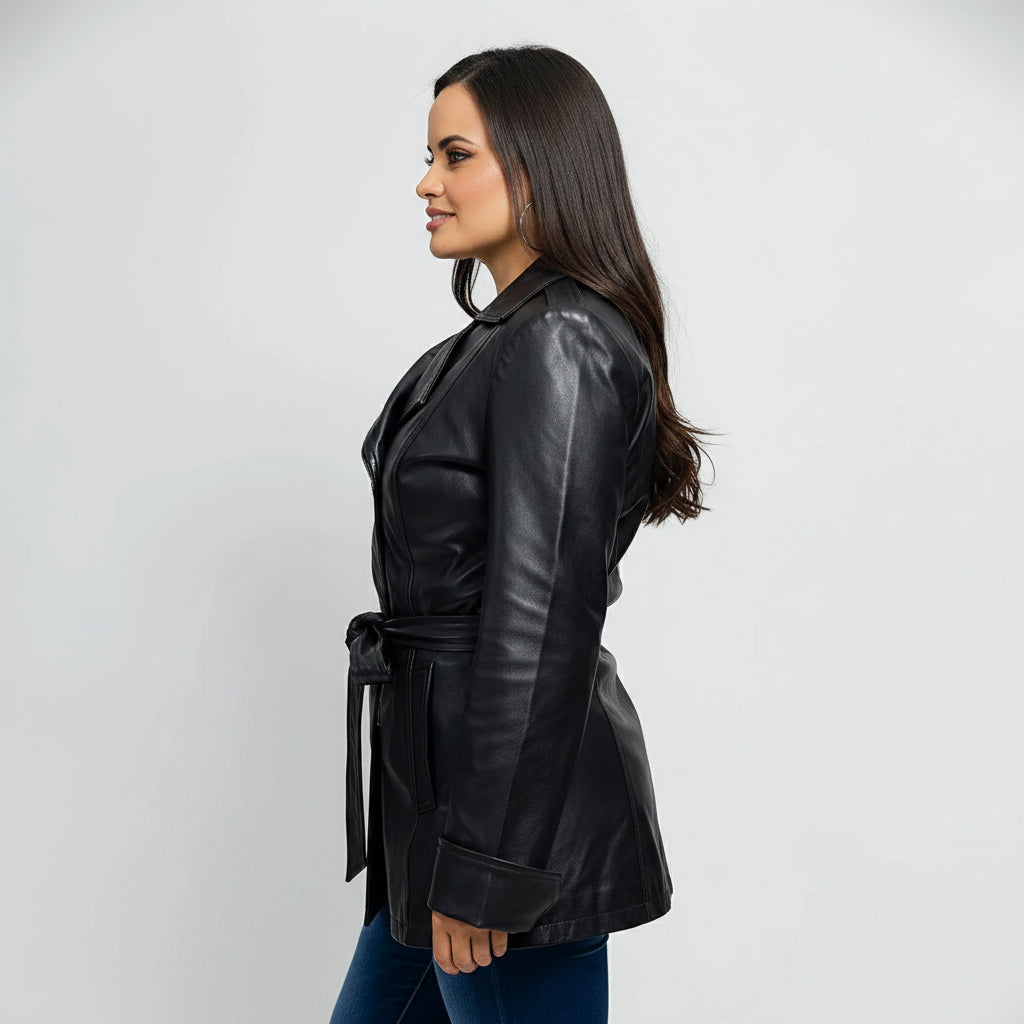Gothic Dyed Leather Black Women's Long Jacket, Edgy Long Leather Jacket for Women in Black