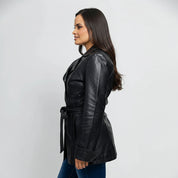 Gothic Dyed Leather Black Women's Long Jacket, Edgy Long Leather Jacket for Women in Black