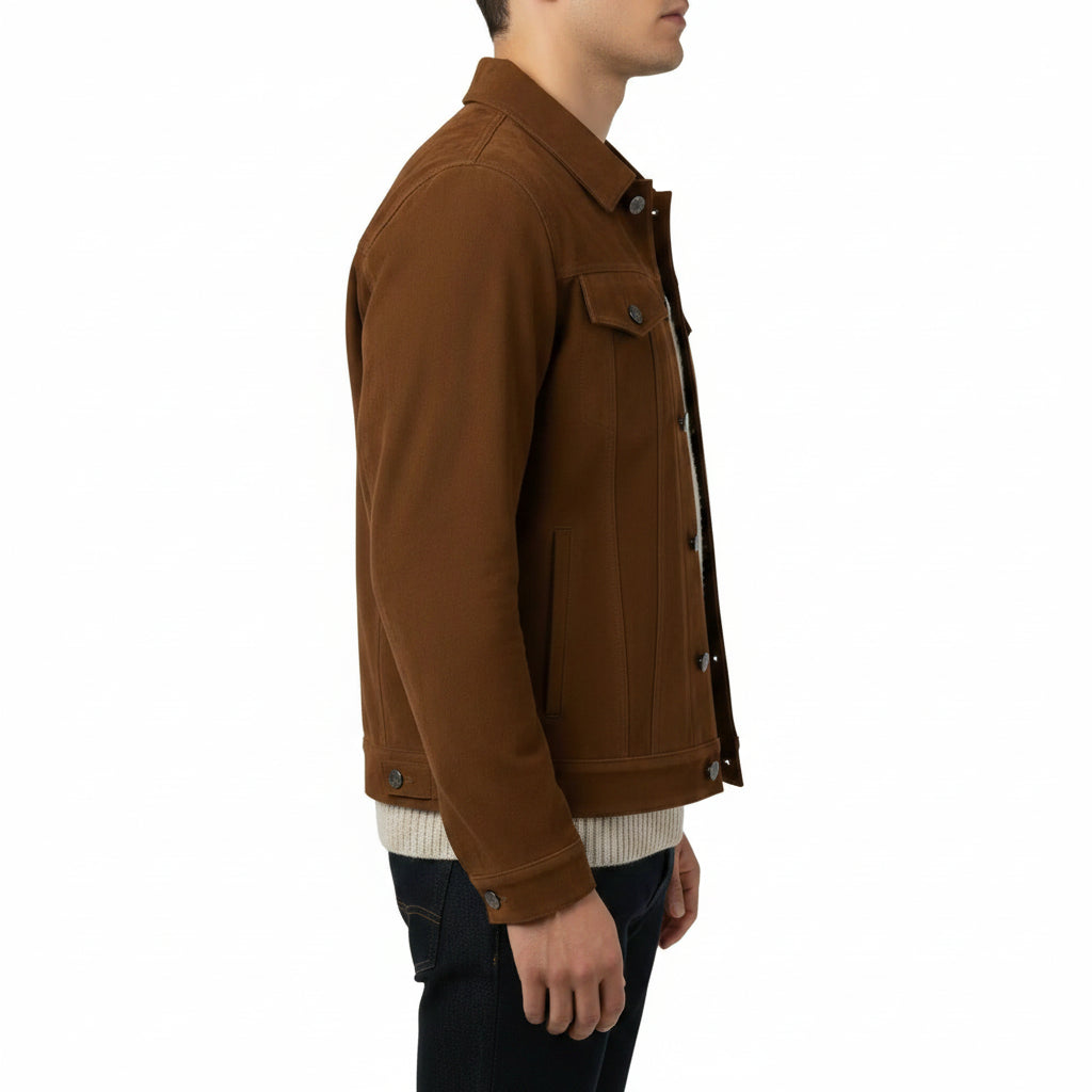 Handmade Men's Brown Suede Trucker Suede Shirt Collared Jacket