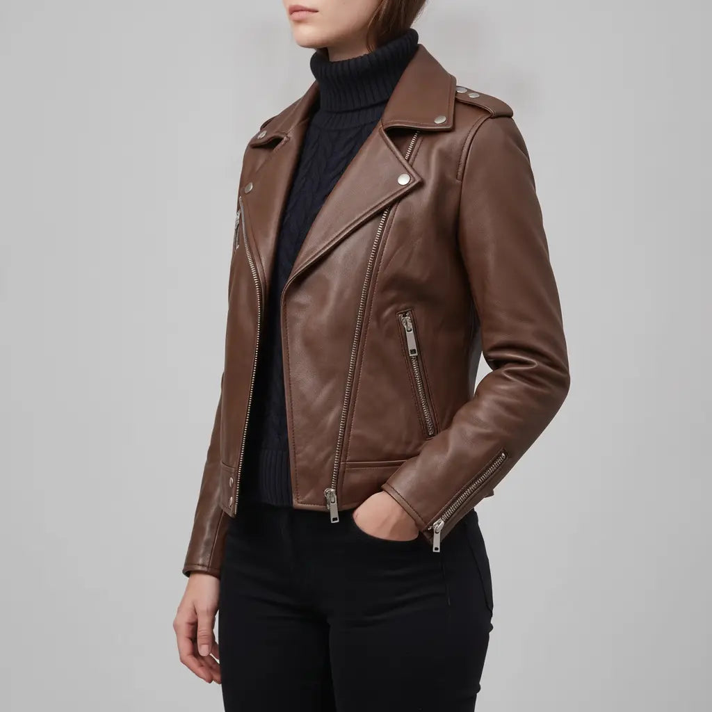 Women's Brown Leather Biker Jacket — Acrefield
