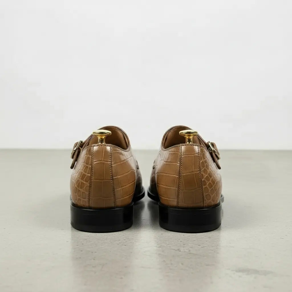 Men's Tan Crocodile-Embossed Leather Double Monk Strap Shoes — Sandys