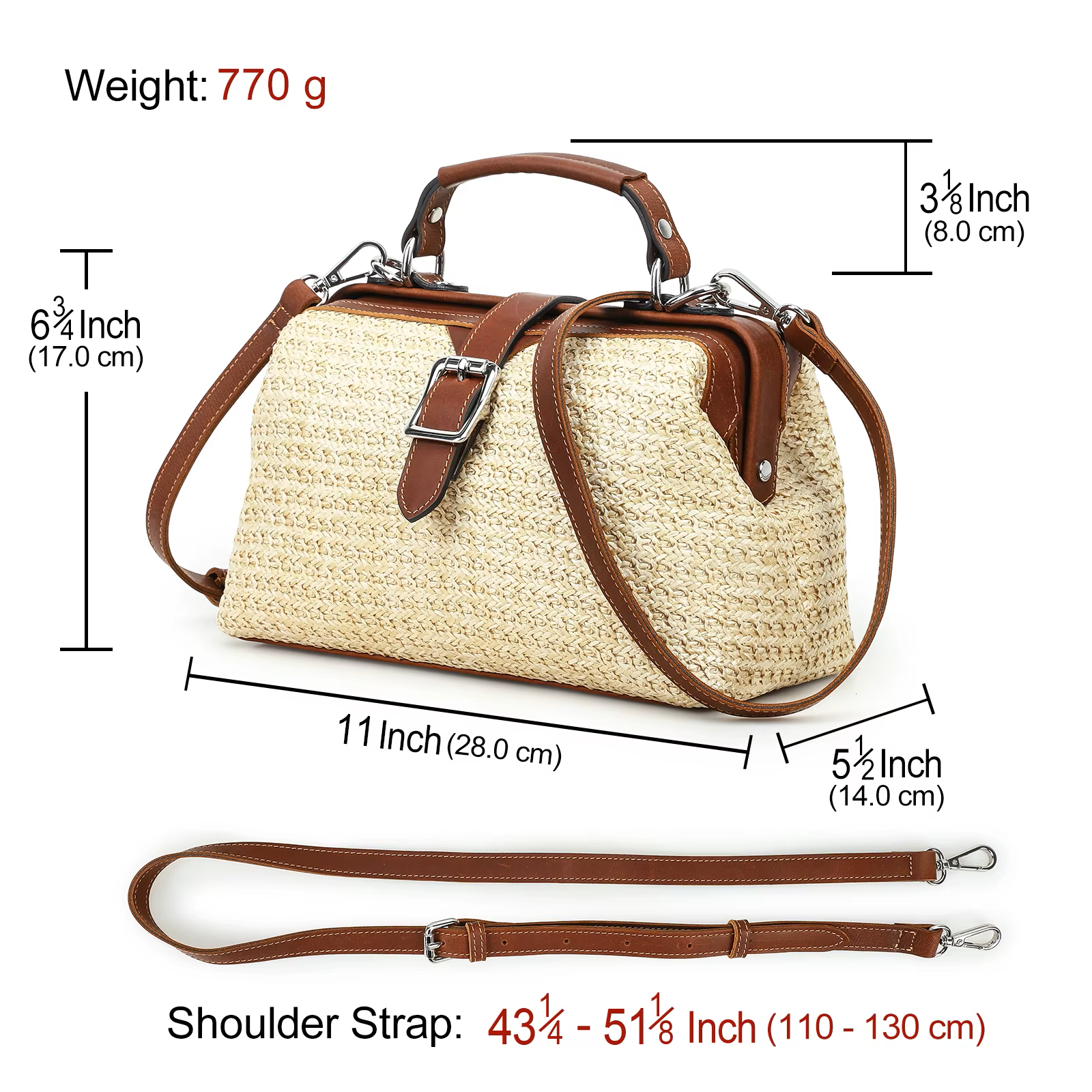 Women's Natural Straw Doctor Bag with Cognac Leather Trim