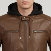 Men's Brown Hooded Leather Bomber Jacket — Farrow