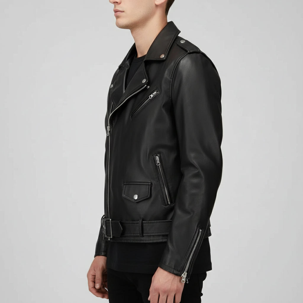 Men's Black Full-Grain Leather Belted Biker Jacket