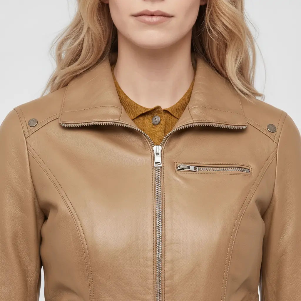 Women's Tan Leather Biker Jacket — Drayford