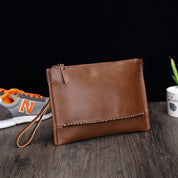 handmade Unisex Brown Wristlet Strap Full-Grain Leather Clutch Bag