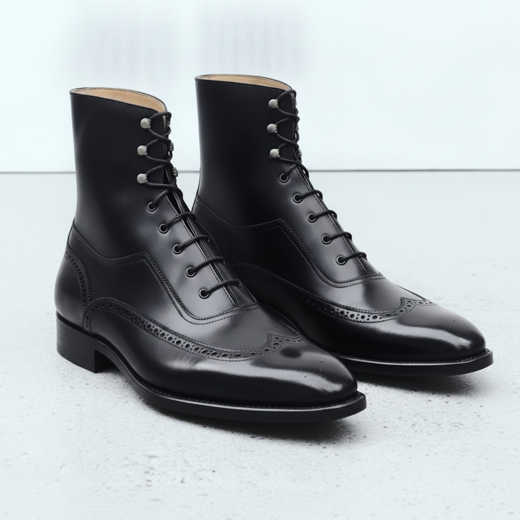 Men's Black Wingtip Leather Oxford Boots