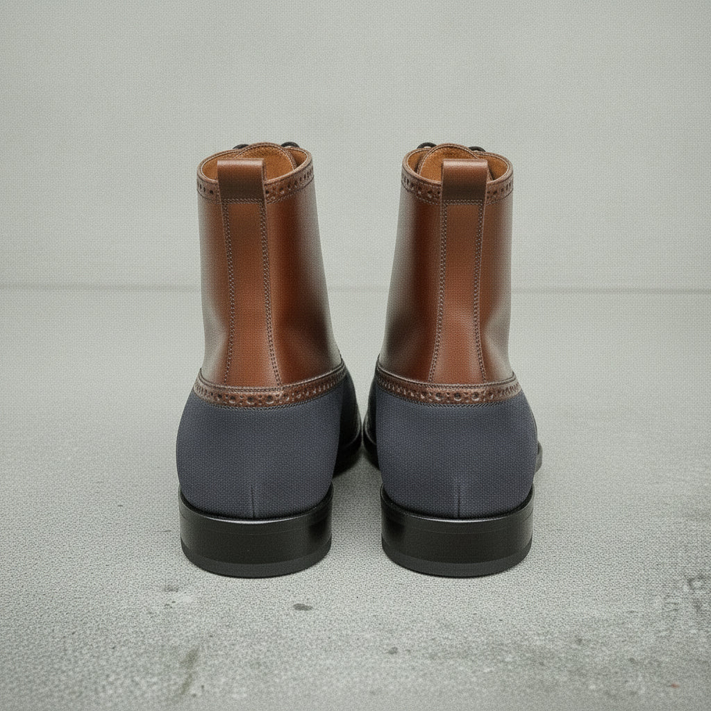 Men's Brown and Dark Blue Cap-Toe Leather Ankle Boots