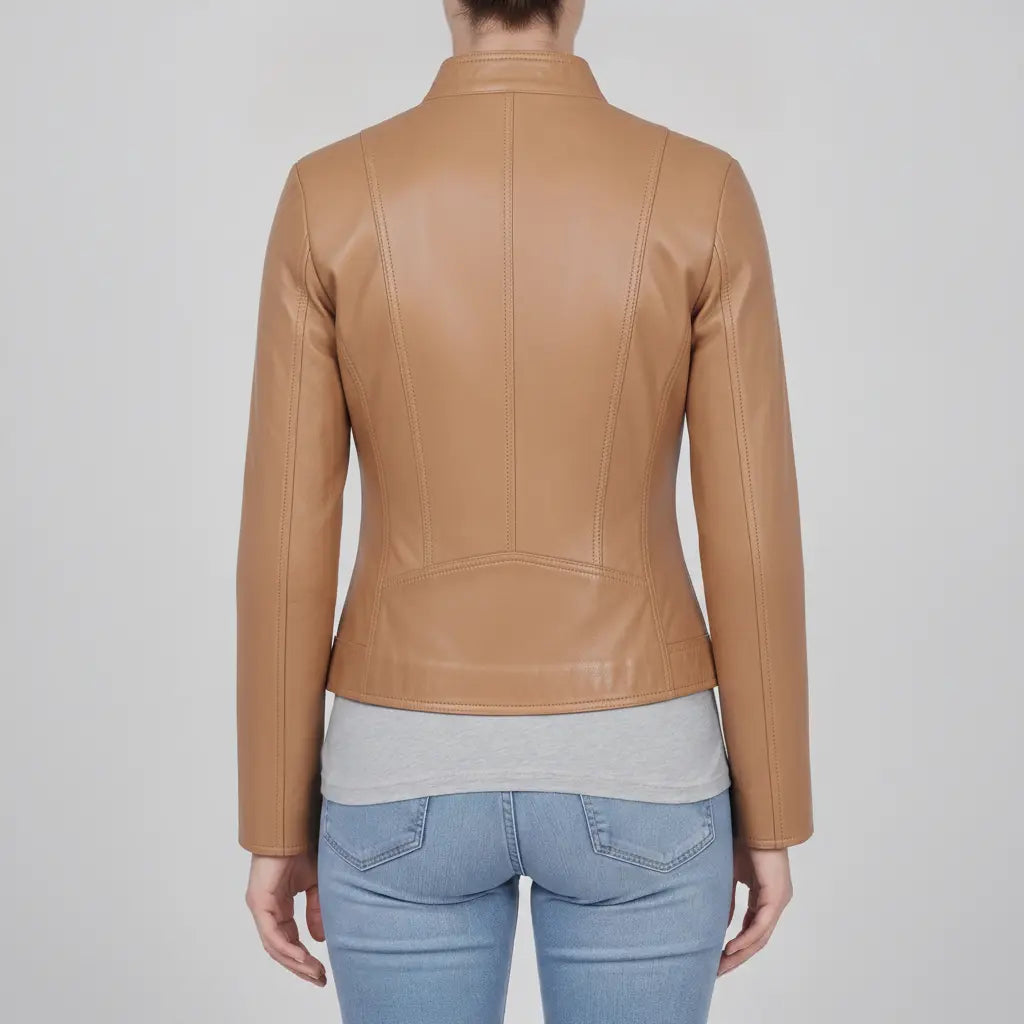 Women's Tan Leather Biker Jacket — Cary
