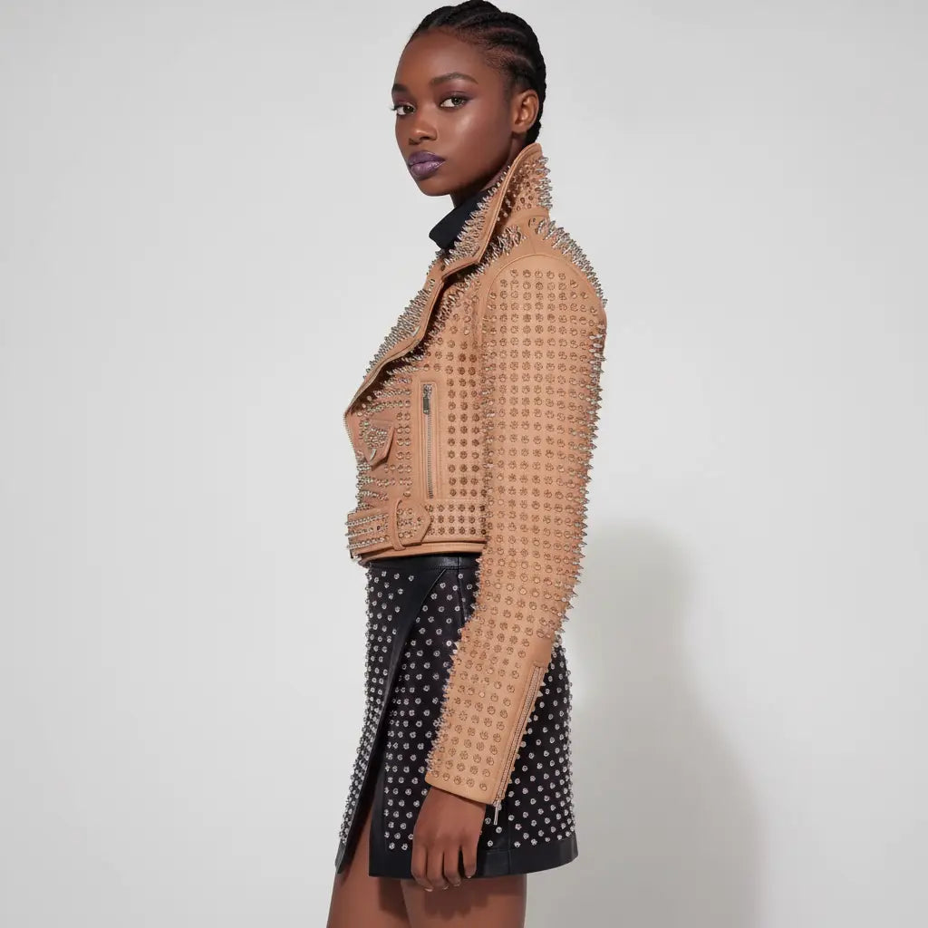Women's Tan Studded Leather Biker Jacket — Tilton