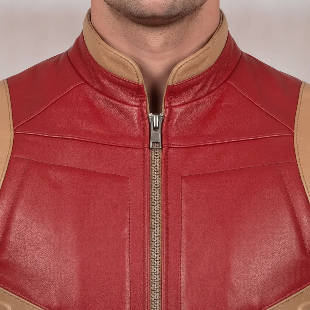 Men's Tan and Red Leather Cafe Racer Jacket — Glatton