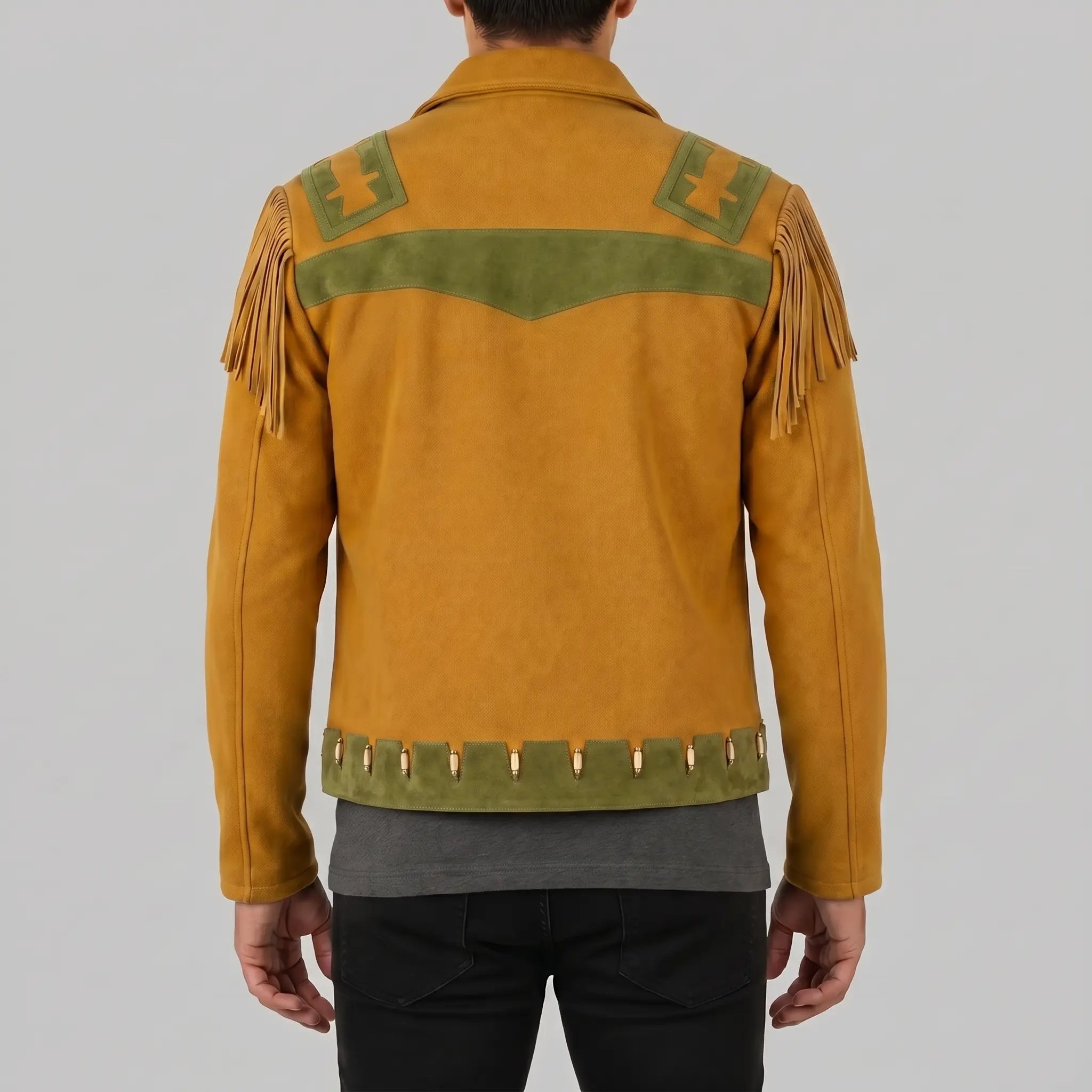 Men's Mustard Yellow and Olive Green Fringed Suede Trucker Jacket — Hurlingham