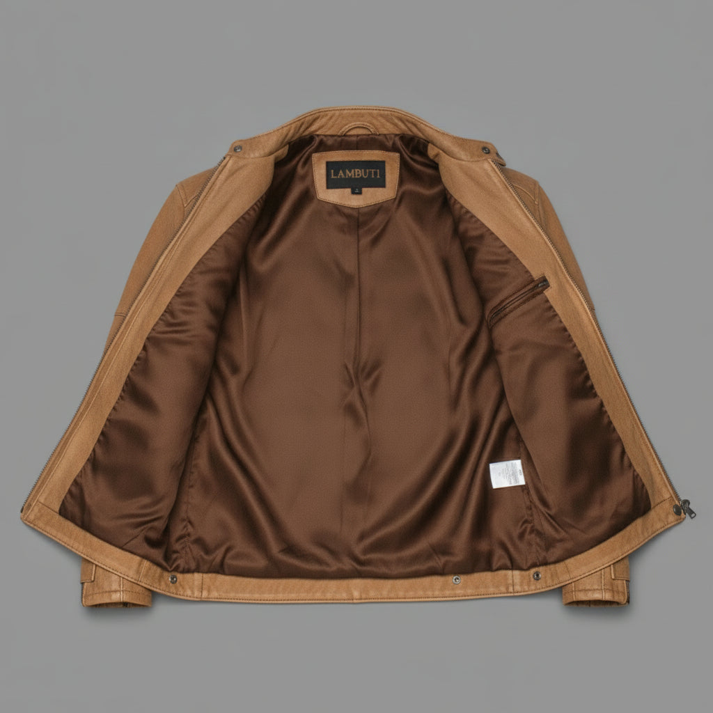 Men's Tan Distressed Leather Biker Jacket