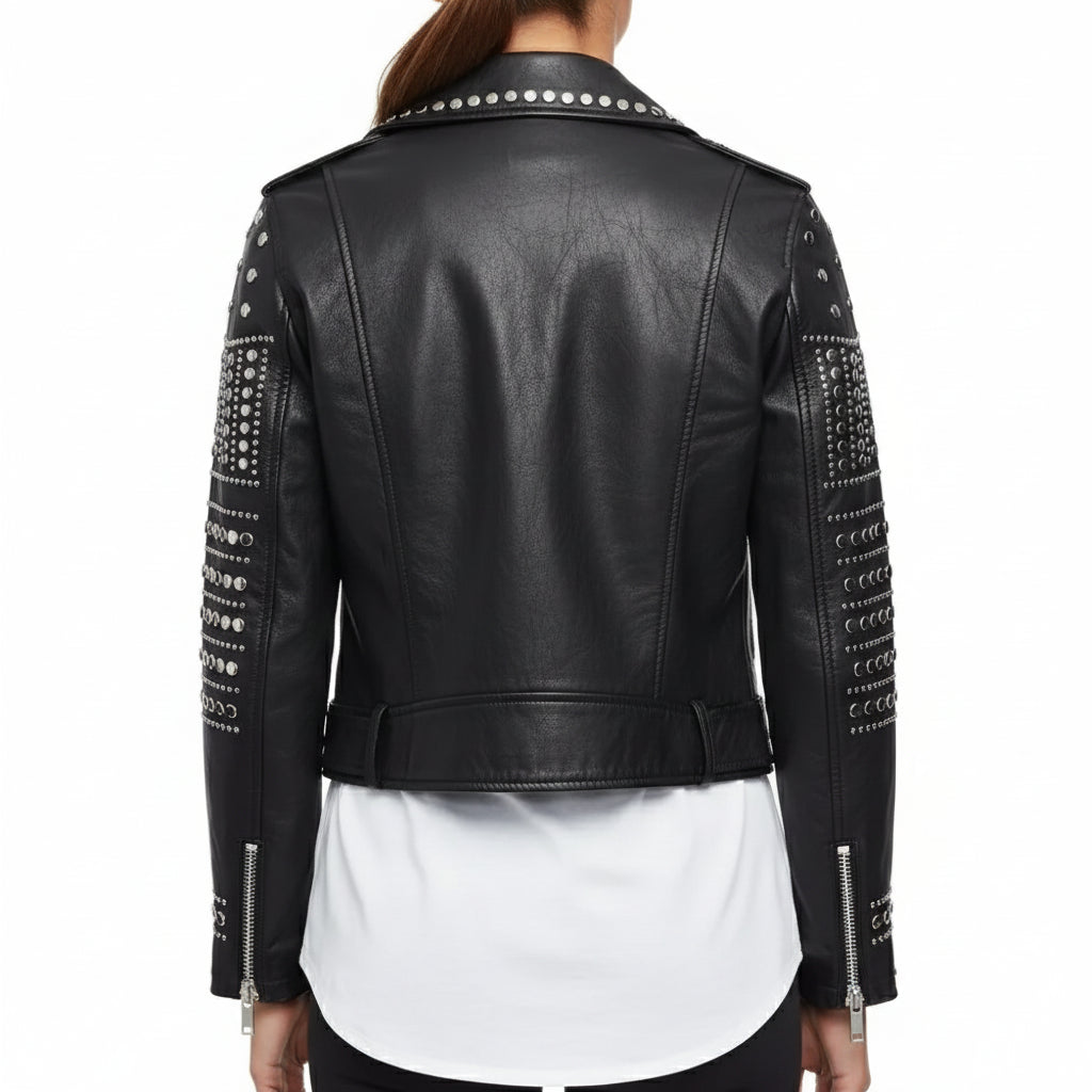 Women's Handmade Stylish Black Leather Jacket with Silver Studs