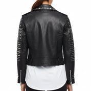 Women's Handmade Stylish Black Leather Jacket with Silver Studs
