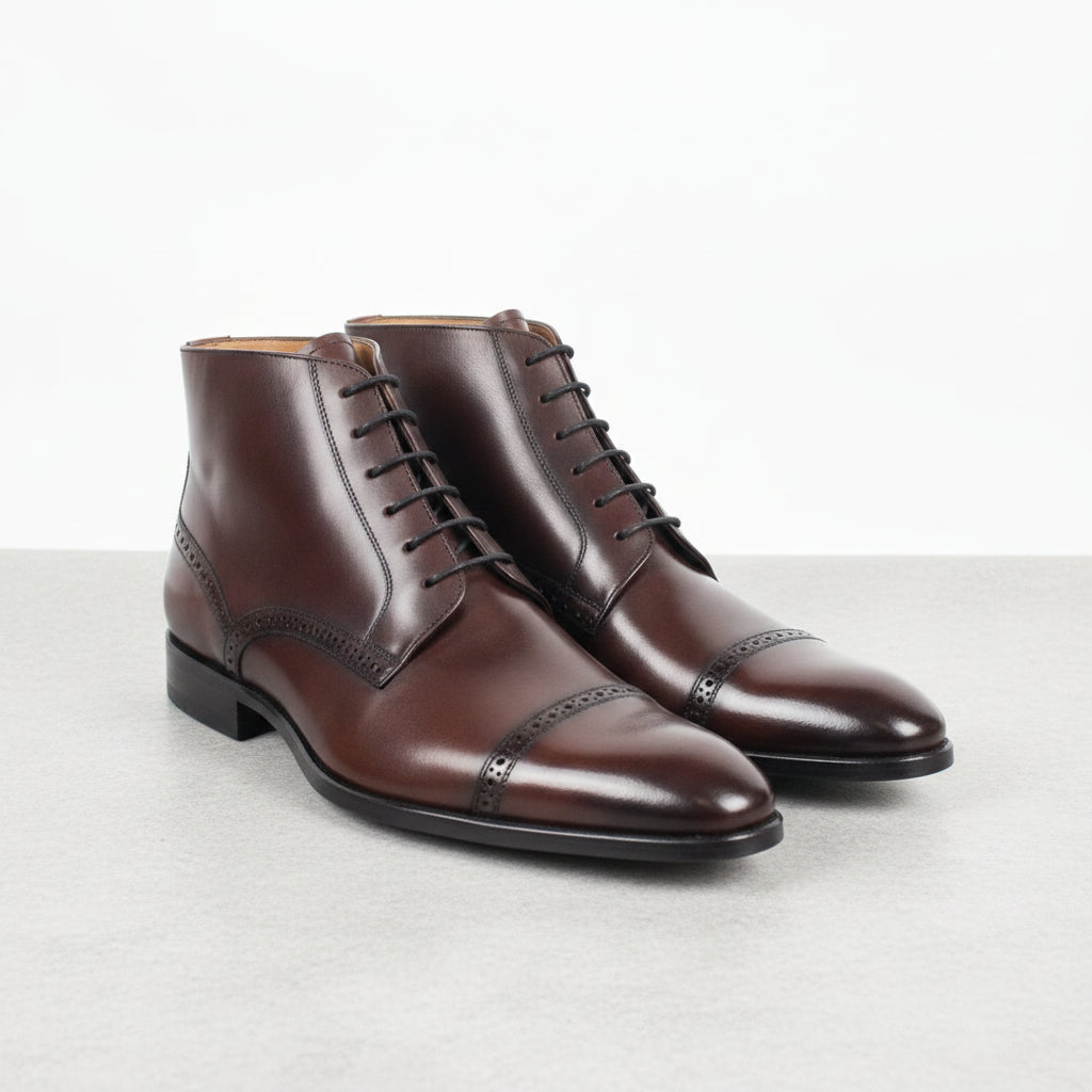 Men's Dark Brown Cap-Toe Leather Oxford Boots