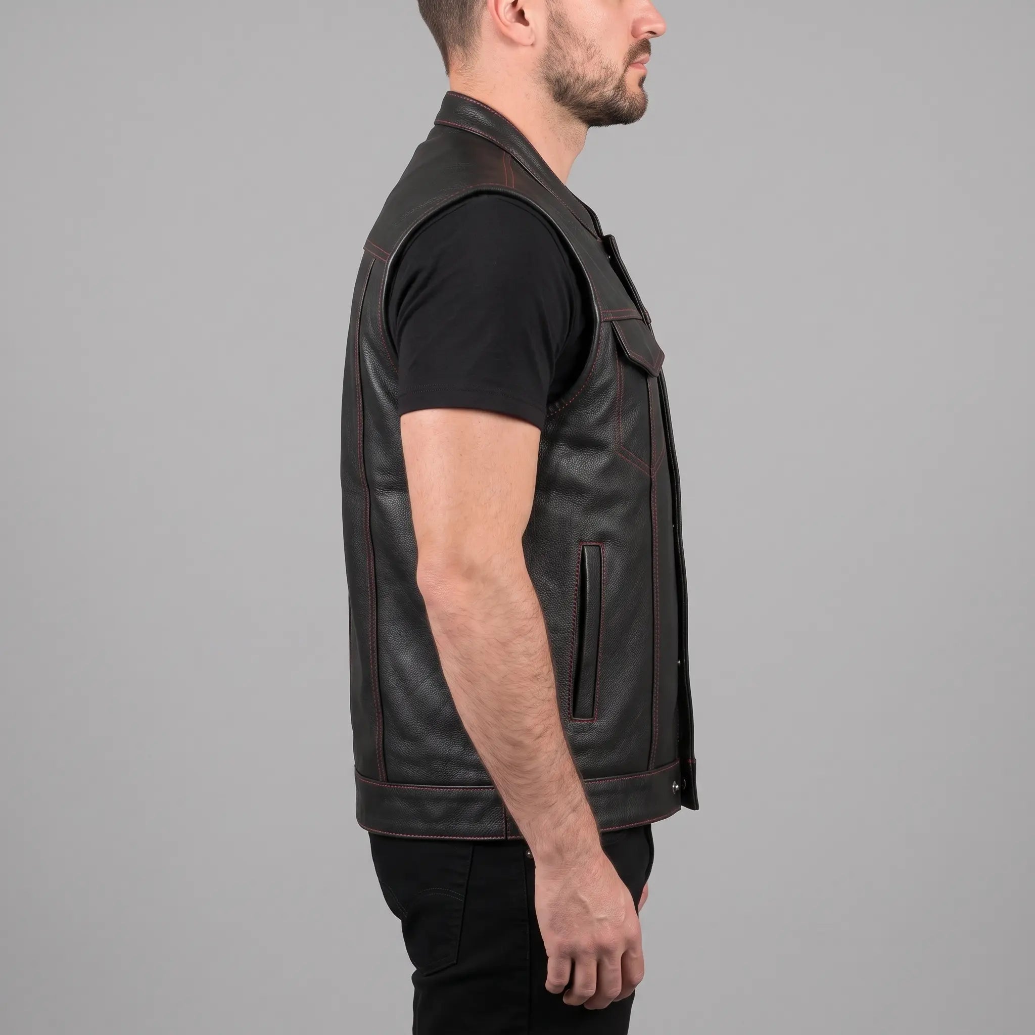 Men's Black Leather Biker Vest — Isham