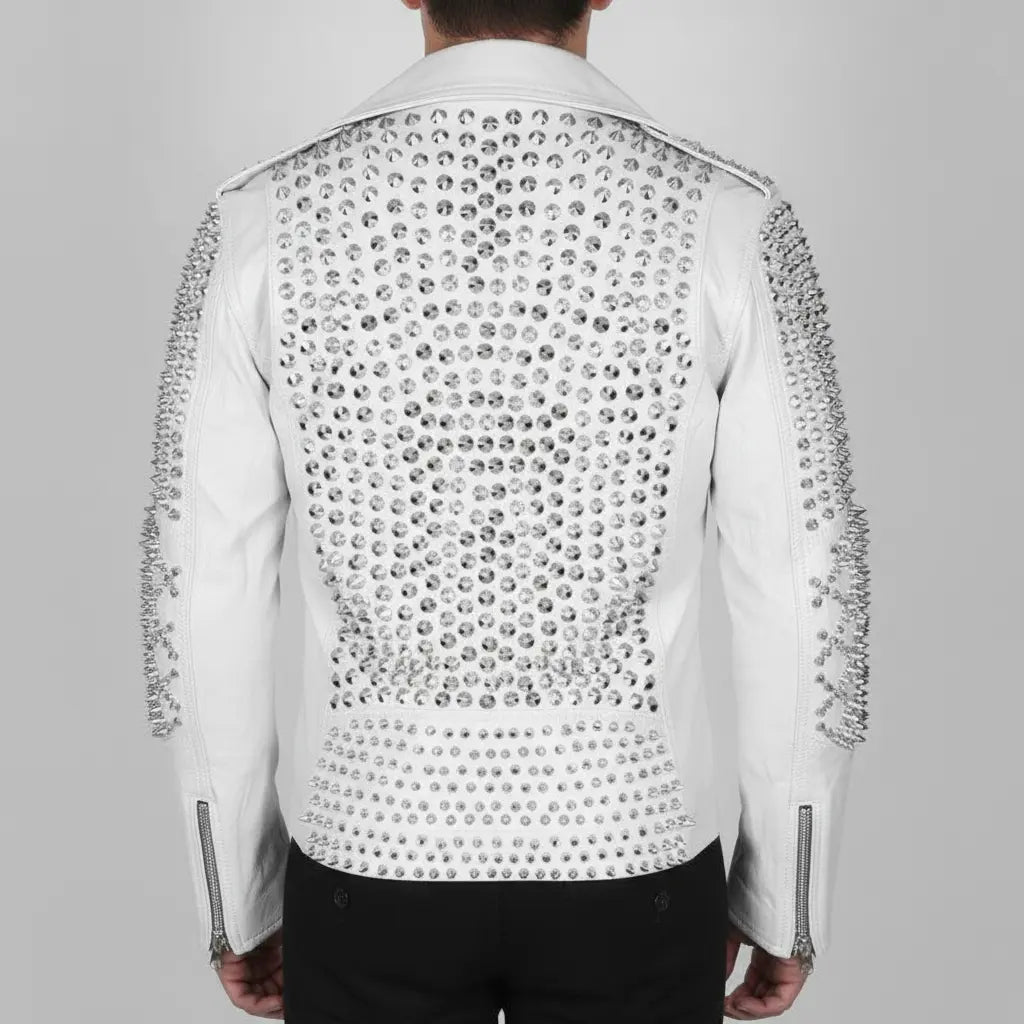Men's Bright White Studded Leather Biker Jacket — Abberwall