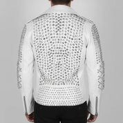 Men's Bright White Studded Leather Biker Jacket — Abberwall
