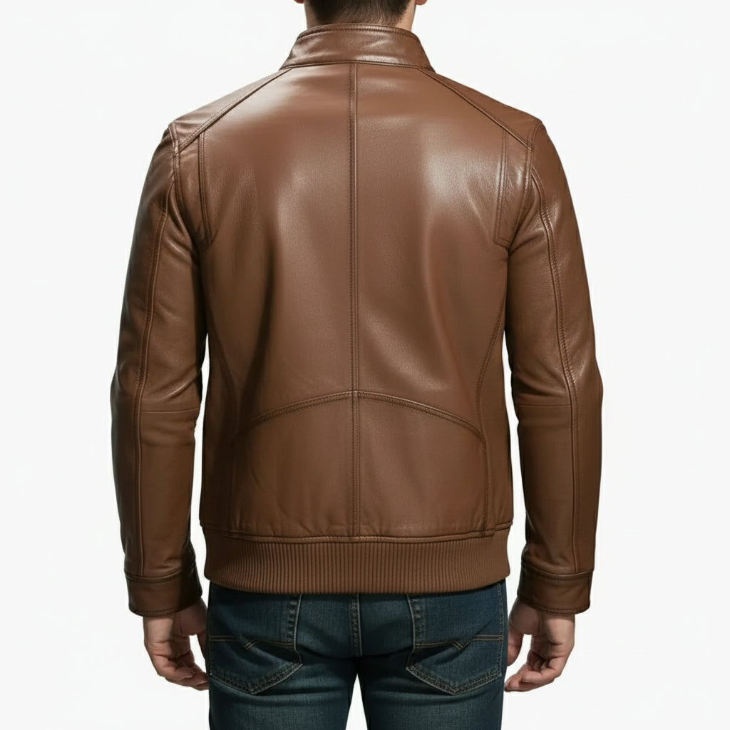 Handmade Mens Brown Genuine Sheep Leather  Motocycle Jacket