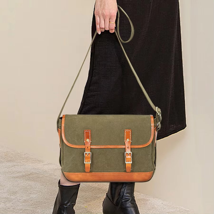 canvas crossbody travel bag Women's Olive Green and Tan Canvas Crossbody Messenger Bag