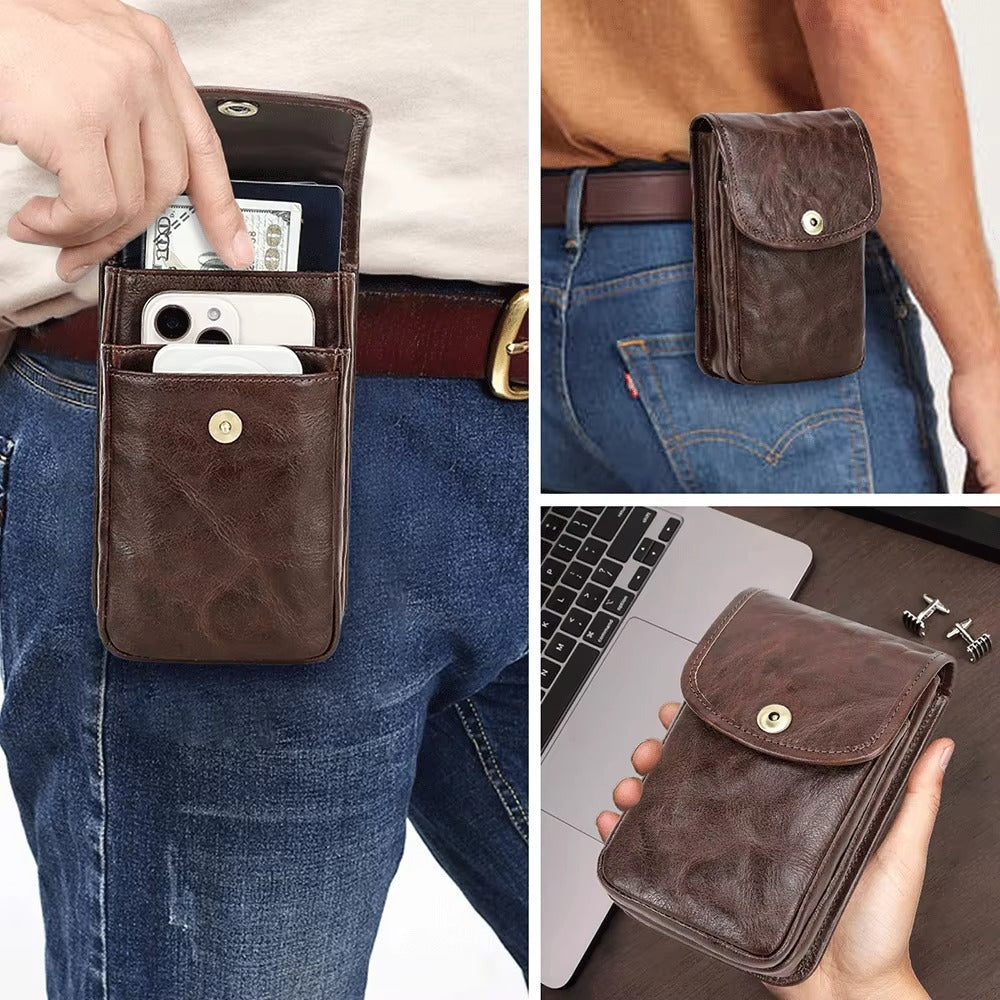 Men’s Leather Utility Waist Pouch – Phone & Passport Belt Holster
