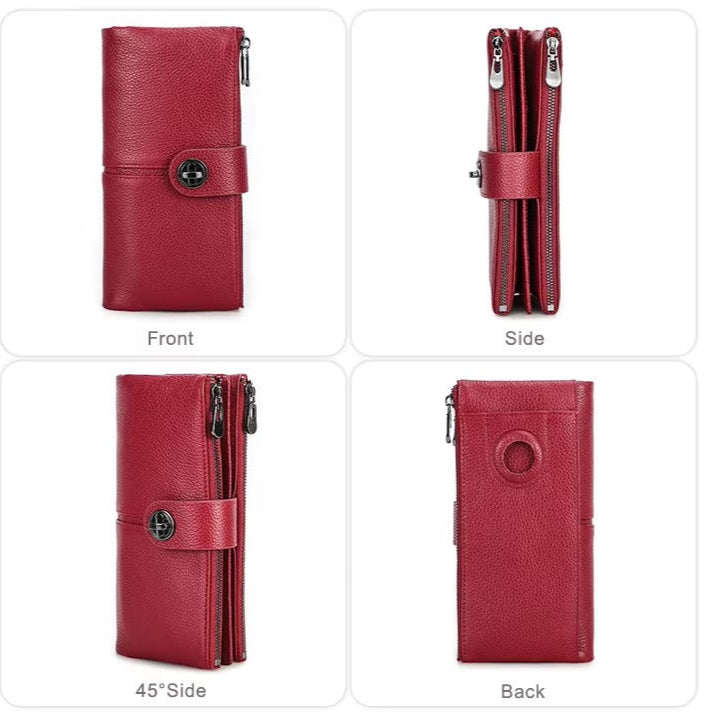 Women's Leather Dual Zipper Clutch Wallet with Airtag Slot & Phone Pocket