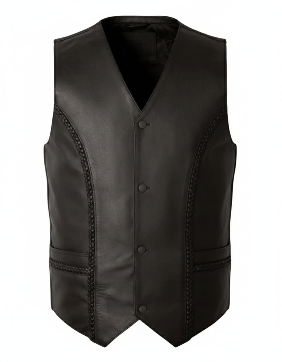 Men Black Leather Vest, Mens Fashion Rock Punk Leather V Neck Vest