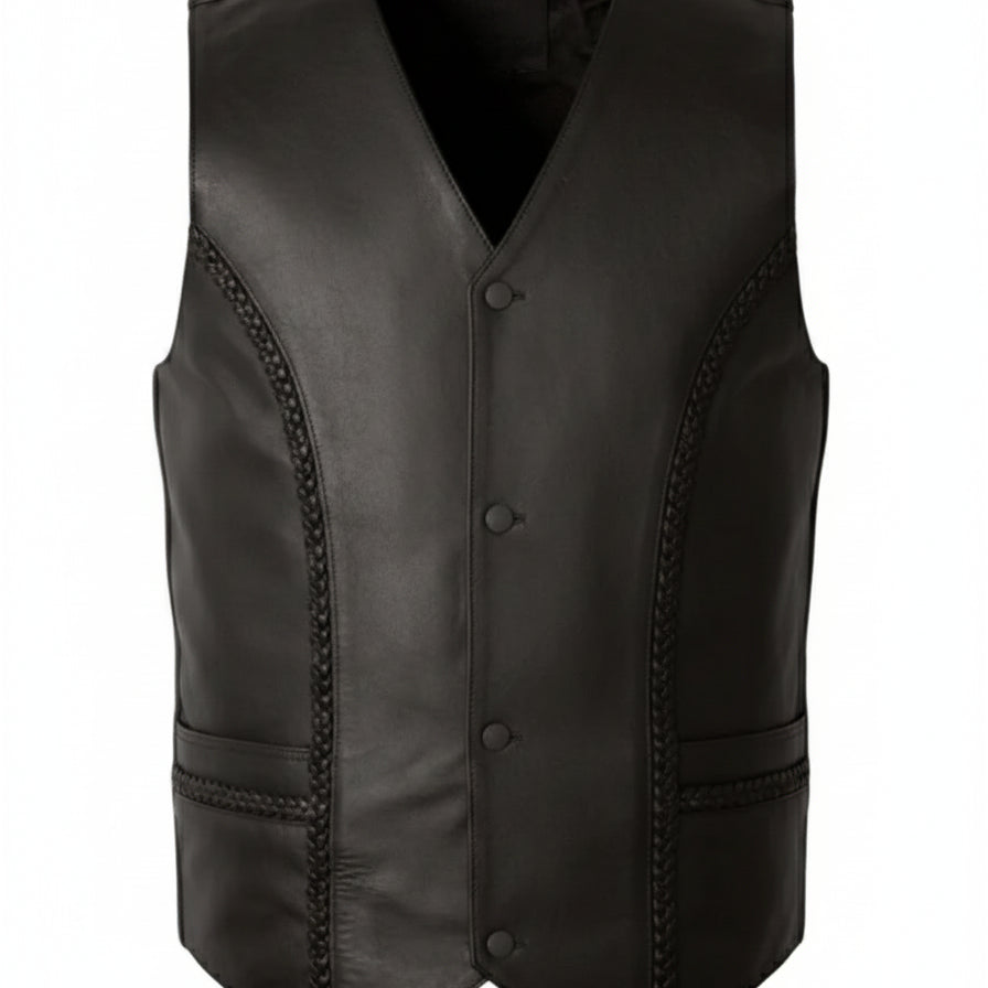 Men Black Leather Vest, Mens Fashion Rock Punk Leather V Neck Vest