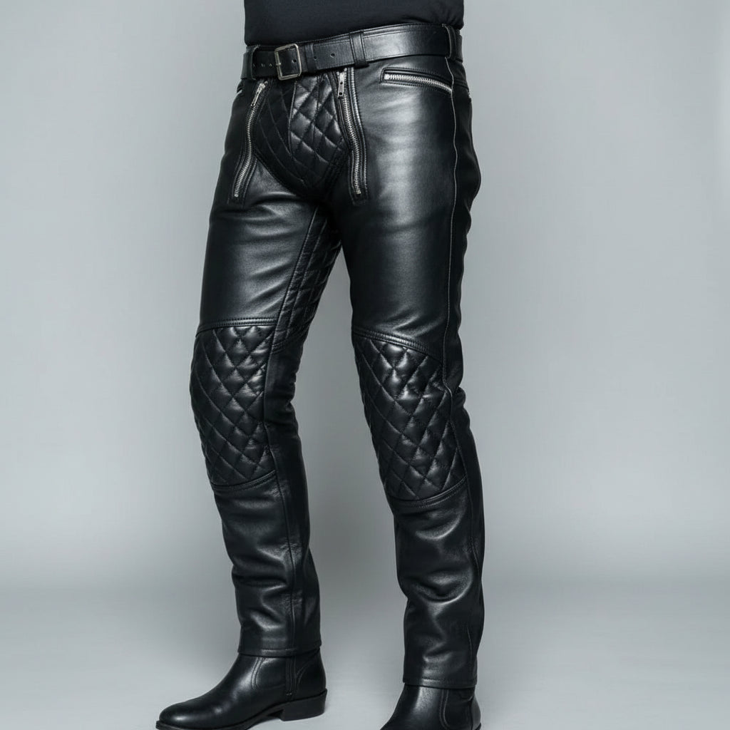 Men's Leather Biker Pants, Heavy-Duty Punk Rock Trousers