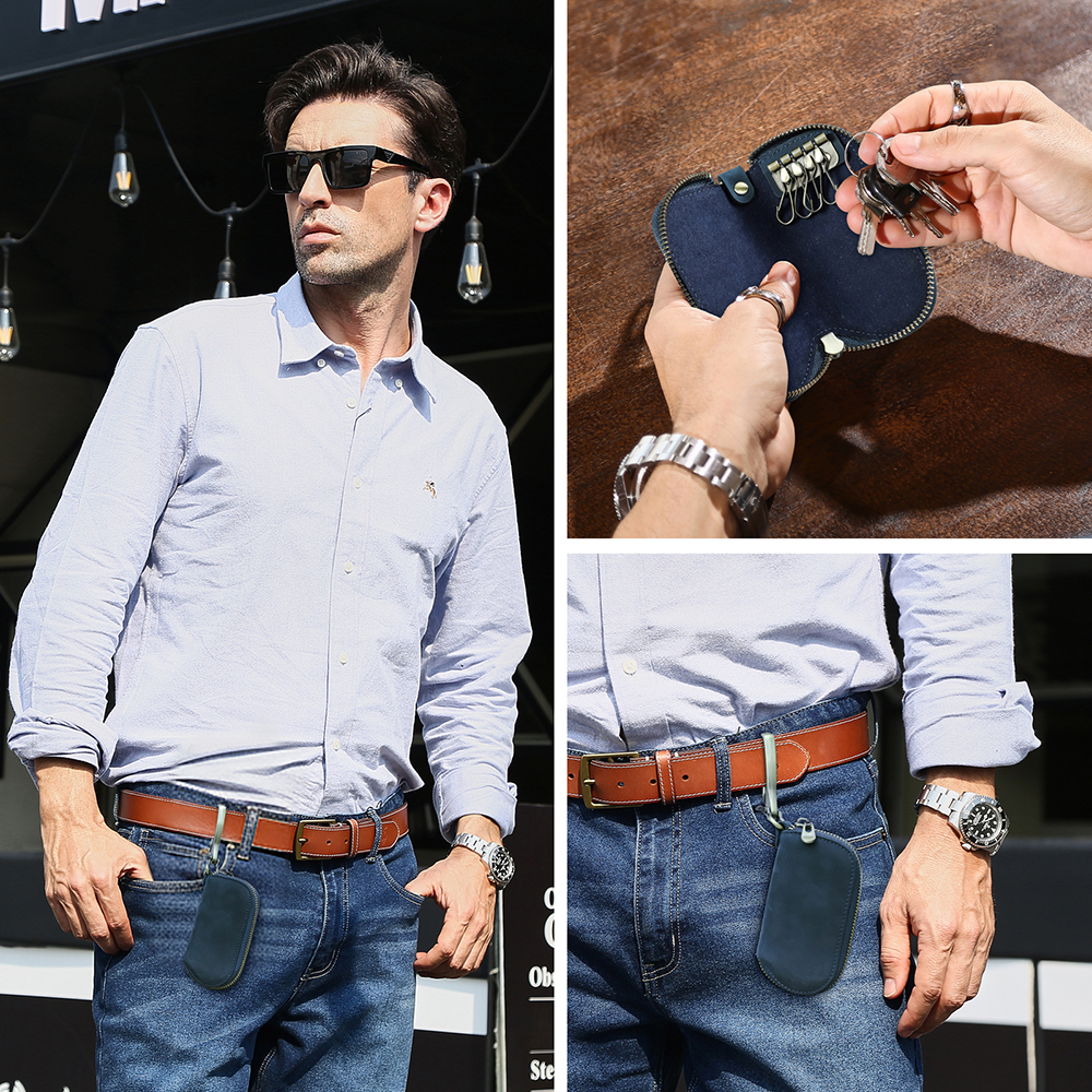 Men's Full-Grain Leather Key Wallet - Retro Zippered Car Key Organizer Case