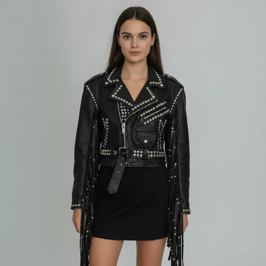 Women's Black Cropped Studded Fringe Leather Biker Jacket — Abbenshaw