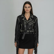 Women's Black Cropped Studded Fringe Leather Biker Jacket — Abbenshaw