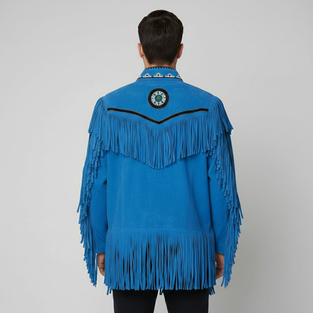 Men's Handmade Cowboy Western Leather Jacket, Western Style Genuine Suede Jacket with Fringes and Beads