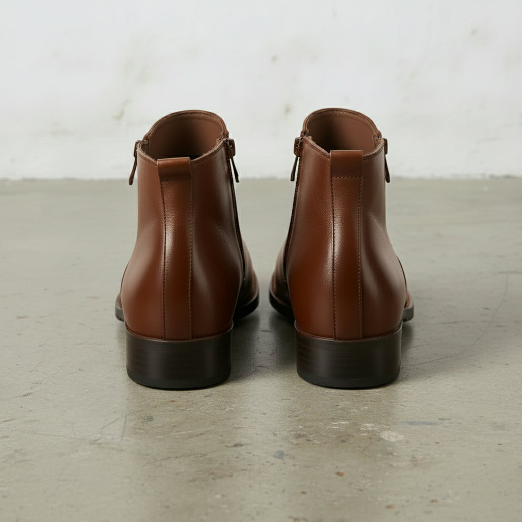 Men's Brown Plain-Toe Leather Ankle Boots