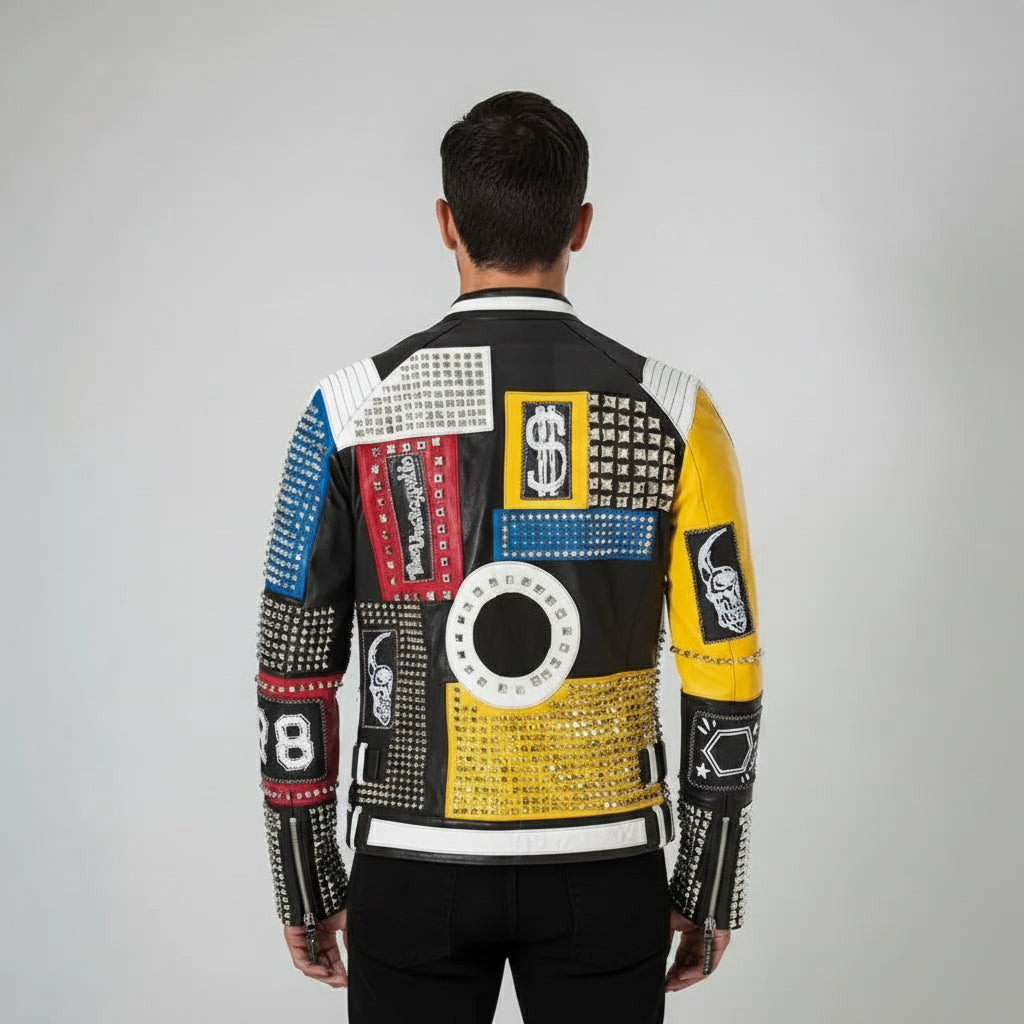 Men's Handmade Retro Diamond Studded Leather Motorcycle Jacket