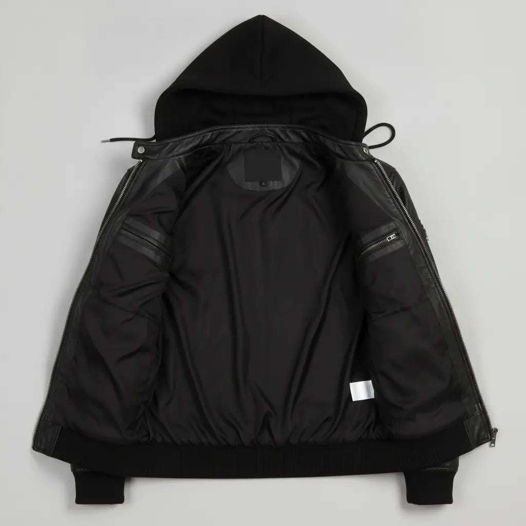 Men's Black Hooded Leather Bomber Jacket — Farrow