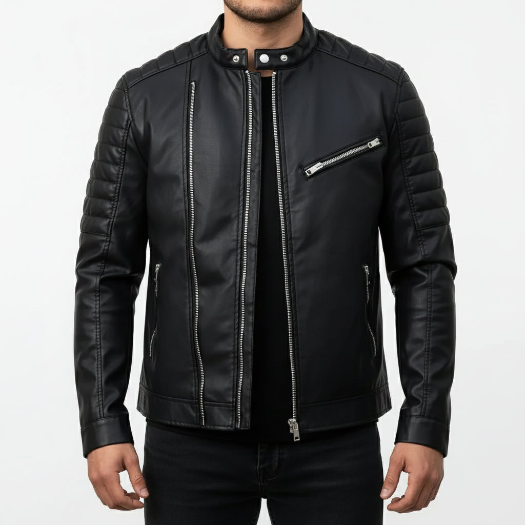 Men's Black Slim Fit Front Zip Genuine Leather Jacket
